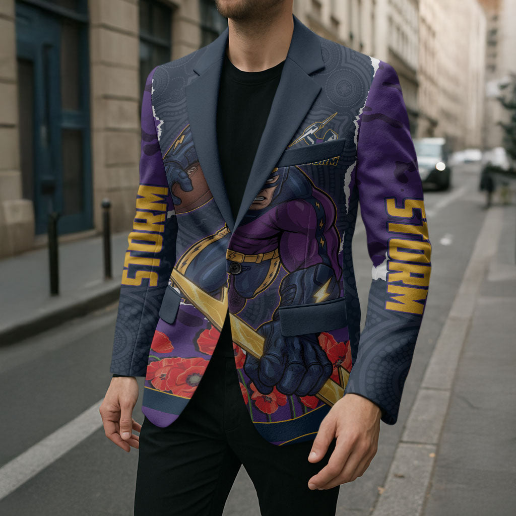 Personalized Melbourne Storm ANZAC Tribute Blazer Poppy Field Soldier Silhouette Aboriginal Rugby Mascot