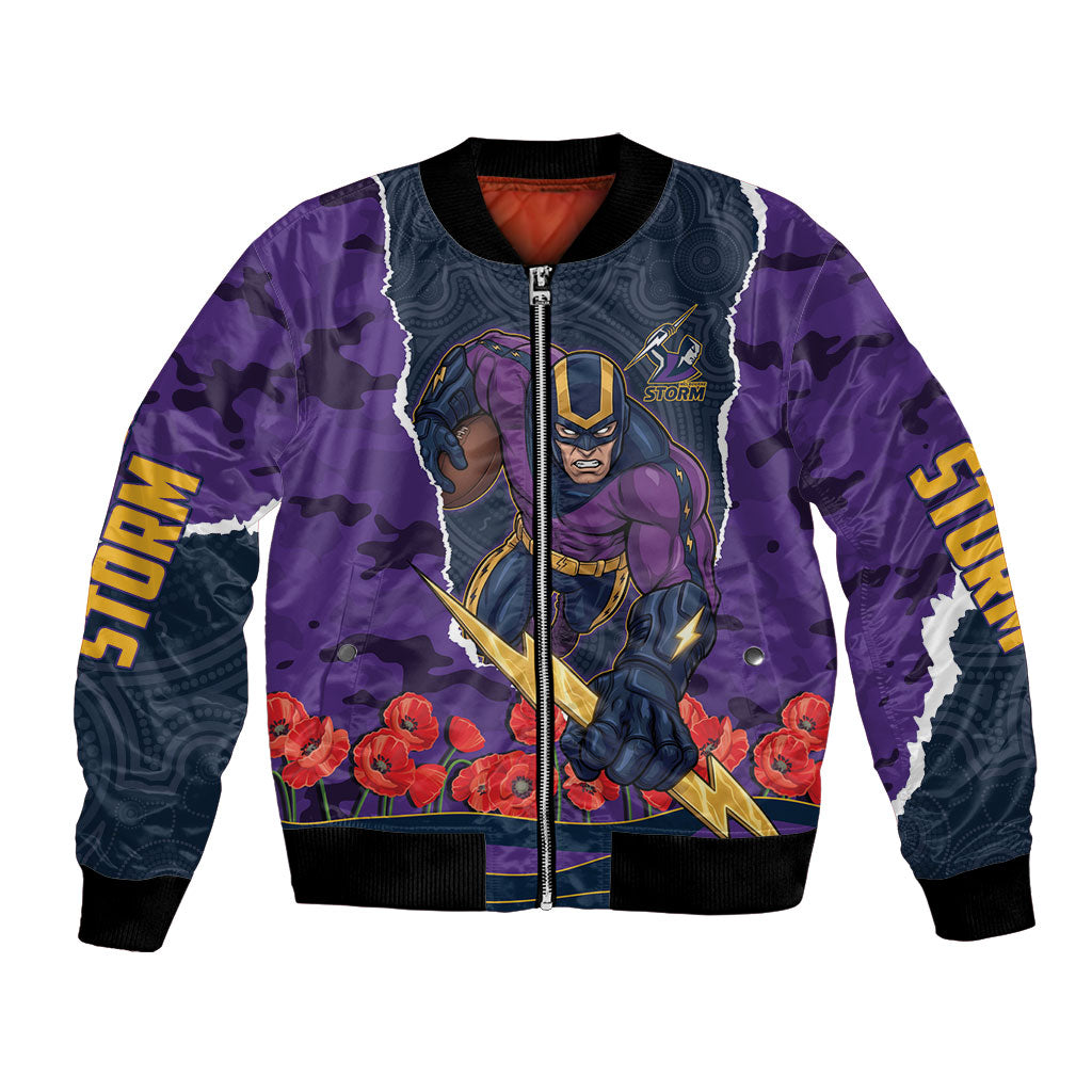 Personalized Melbourne Storm ANZAC Tribute Bomber Jacket Poppy Field Soldier Silhouette Aboriginal Rugby Mascot