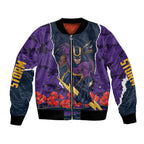 Personalized Melbourne Storm ANZAC Tribute Bomber Jacket Poppy Field Soldier Silhouette Aboriginal Rugby Mascot