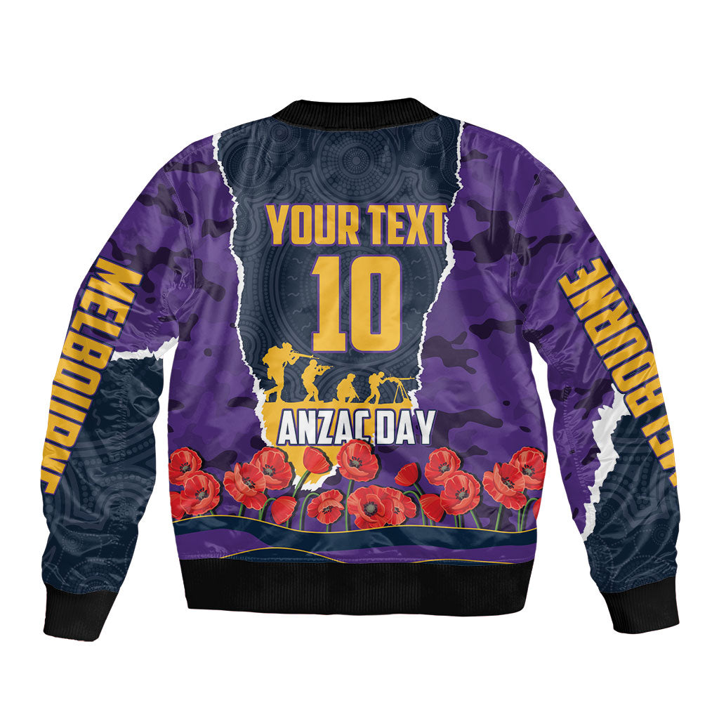 Personalized Melbourne Storm ANZAC Tribute Bomber Jacket Poppy Field Soldier Silhouette Aboriginal Rugby Mascot