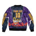 Personalized Melbourne Storm ANZAC Tribute Bomber Jacket Poppy Field Soldier Silhouette Aboriginal Rugby Mascot