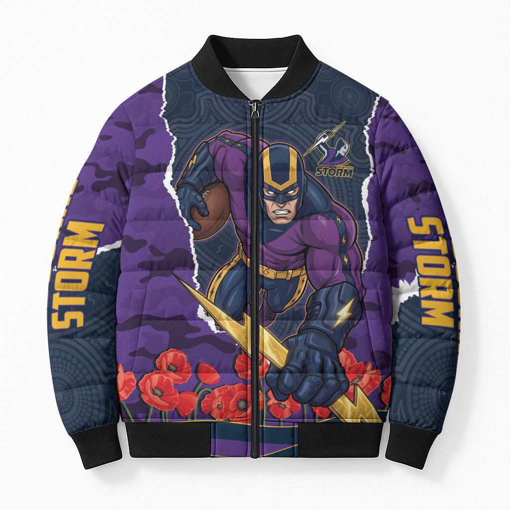 Personalized Melbourne Storm ANZAC Tribute Bomber Puffer Jacket Poppy Field Soldier Silhouette Aboriginal Rugby Mascot