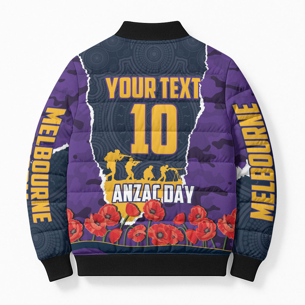 Personalized Melbourne Storm ANZAC Tribute Bomber Puffer Jacket Poppy Field Soldier Silhouette Aboriginal Rugby Mascot
