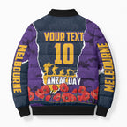 Personalized Melbourne Storm ANZAC Tribute Bomber Puffer Jacket Poppy Field Soldier Silhouette Aboriginal Rugby Mascot
