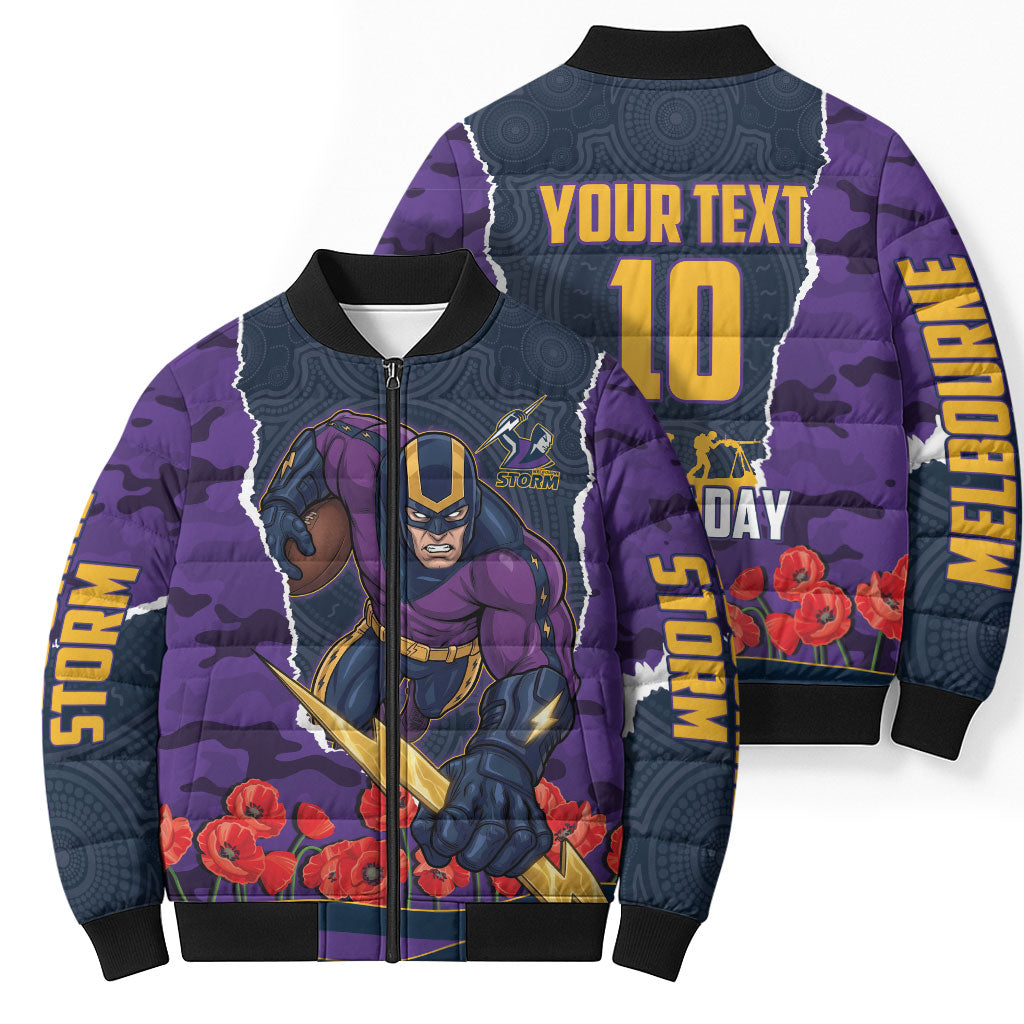Personalized Melbourne Storm ANZAC Tribute Bomber Puffer Jacket Poppy Field Soldier Silhouette Aboriginal Rugby Mascot