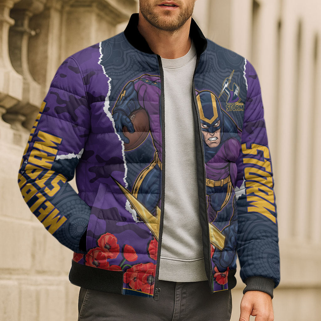 Personalized Melbourne Storm ANZAC Tribute Bomber Puffer Jacket Poppy Field Soldier Silhouette Aboriginal Rugby Mascot