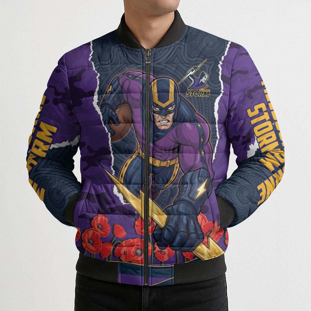 Personalized Melbourne Storm ANZAC Tribute Bomber Puffer Jacket Poppy Field Soldier Silhouette Aboriginal Rugby Mascot