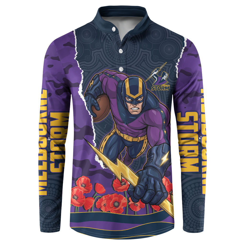 Personalized Melbourne Storm ANZAC Tribute Button Sweatshirt Poppy Field Soldier Silhouette Aboriginal Rugby Mascot