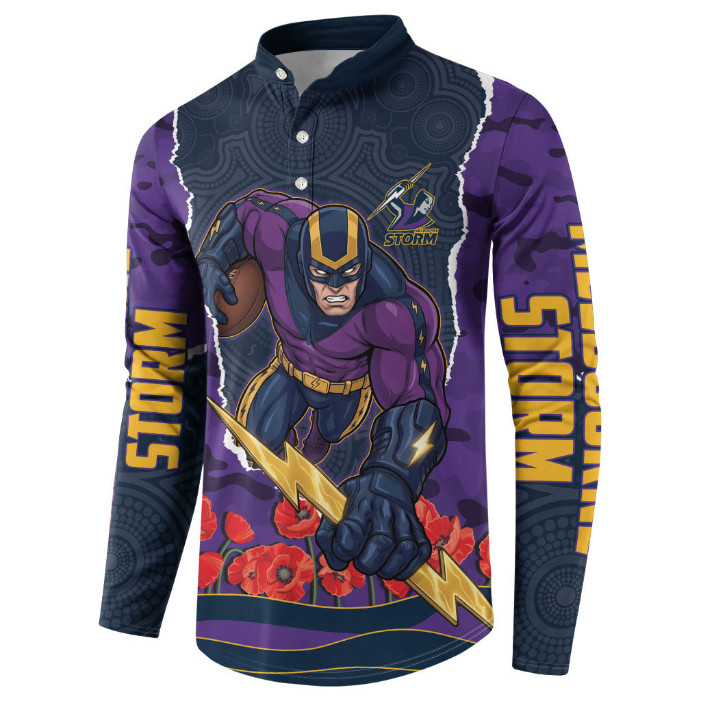 Personalized Melbourne Storm ANZAC Tribute Button Sweatshirt Poppy Field Soldier Silhouette Aboriginal Rugby Mascot