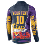 Personalized Melbourne Storm ANZAC Tribute Button Sweatshirt Poppy Field Soldier Silhouette Aboriginal Rugby Mascot