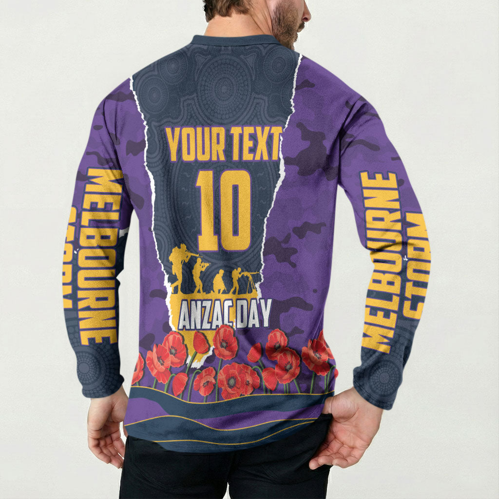 Personalized Melbourne Storm ANZAC Tribute Button Sweatshirt Poppy Field Soldier Silhouette Aboriginal Rugby Mascot