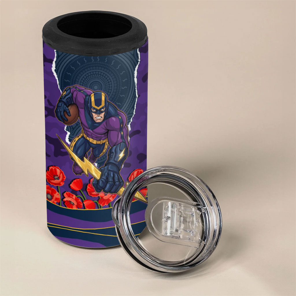 Personalized Melbourne Storm ANZAC Tribute 4 in 1 Can Cooler Tumbler Poppy Field Soldier Silhouette Aboriginal Rugby Mascot