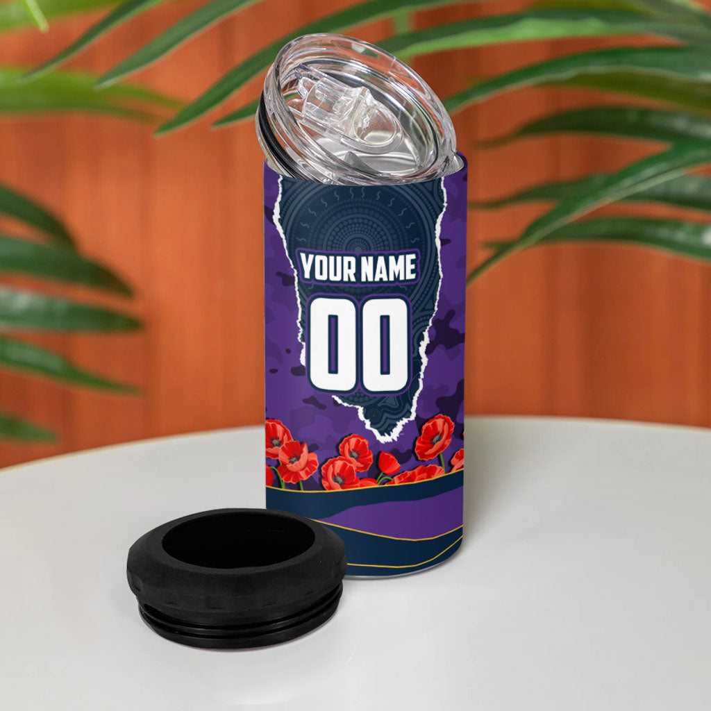 Personalized Melbourne Storm ANZAC Tribute 4 in 1 Can Cooler Tumbler Poppy Field Soldier Silhouette Aboriginal Rugby Mascot