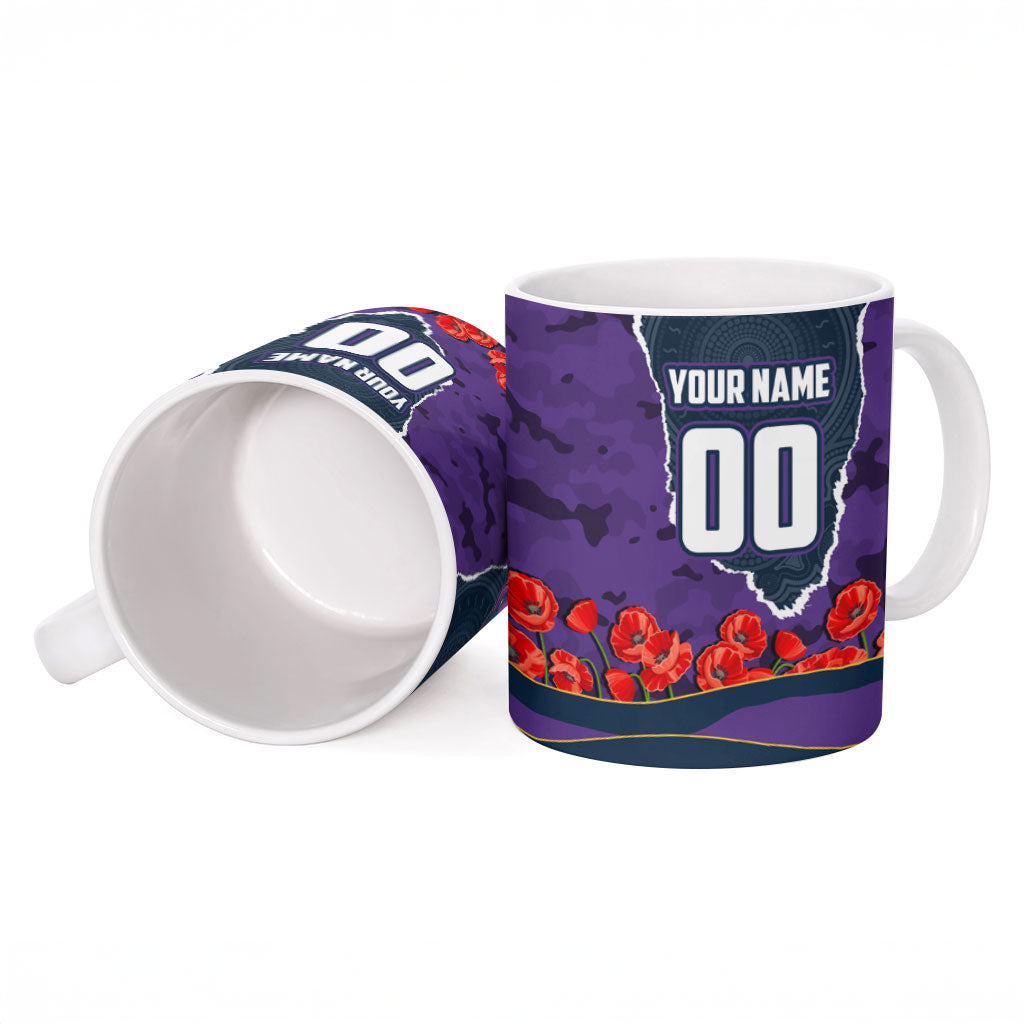 Personalized Melbourne Storm ANZAC Tribute Ceramic Mug Poppy Field Soldier Silhouette Aboriginal Rugby Mascot