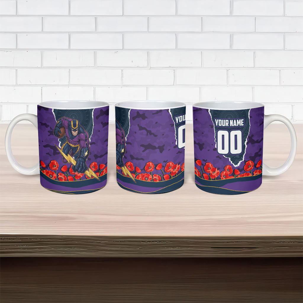 Personalized Melbourne Storm ANZAC Tribute Ceramic Mug Poppy Field Soldier Silhouette Aboriginal Rugby Mascot
