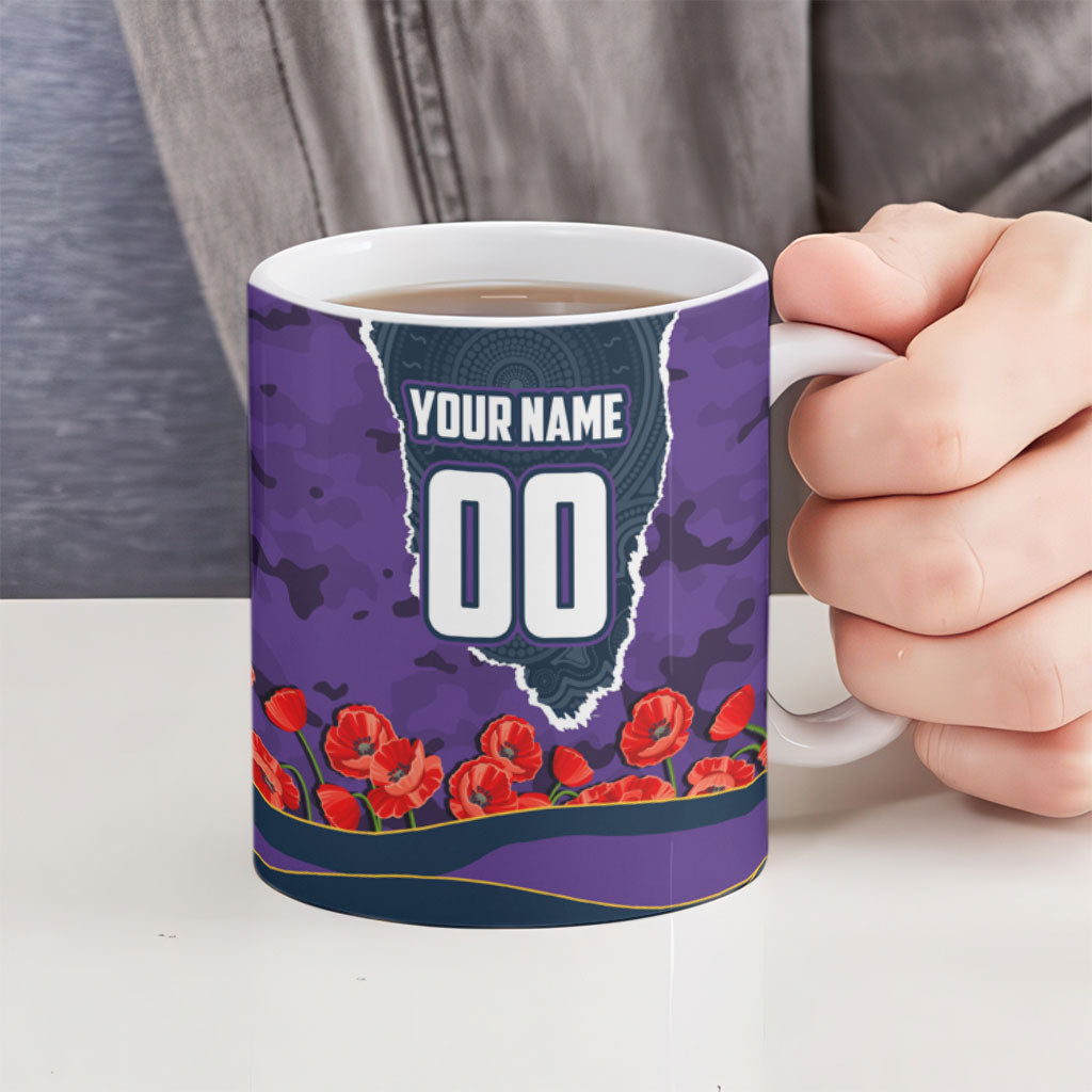 Personalized Melbourne Storm ANZAC Tribute Ceramic Mug Poppy Field Soldier Silhouette Aboriginal Rugby Mascot