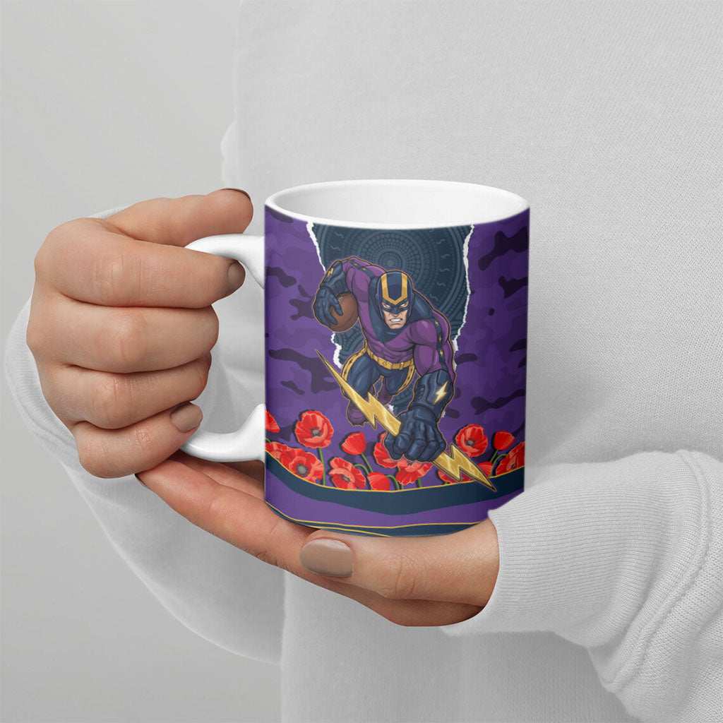 Personalized Melbourne Storm ANZAC Tribute Ceramic Mug Poppy Field Soldier Silhouette Aboriginal Rugby Mascot
