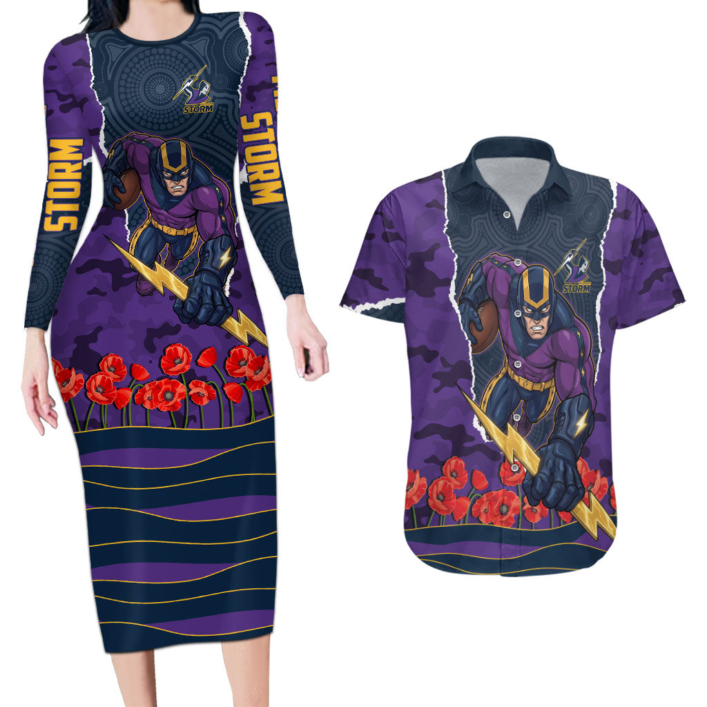Personalized Melbourne Storm ANZAC Tribute Couples Matching Long Sleeve Bodycon Dress and Hawaiian Shirt Poppy Field Soldier Silhouette Aboriginal Rugby Mascot