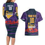 Personalized Melbourne Storm ANZAC Tribute Couples Matching Long Sleeve Bodycon Dress and Hawaiian Shirt Poppy Field Soldier Silhouette Aboriginal Rugby Mascot