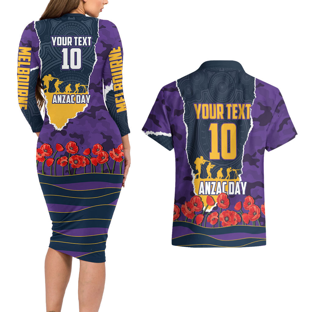Personalized Melbourne Storm ANZAC Tribute Couples Matching Long Sleeve Bodycon Dress and Hawaiian Shirt Poppy Field Soldier Silhouette Aboriginal Rugby Mascot