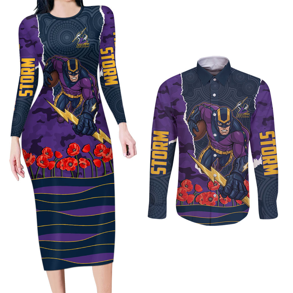 Personalized Melbourne Storm ANZAC Tribute Couples Matching Long Sleeve Bodycon Dress and Long Sleeve Button Shirt Poppy Field Soldier Silhouette Aboriginal Rugby Mascot