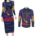 Personalized Melbourne Storm ANZAC Tribute Couples Matching Long Sleeve Bodycon Dress and Long Sleeve Button Shirt Poppy Field Soldier Silhouette Aboriginal Rugby Mascot