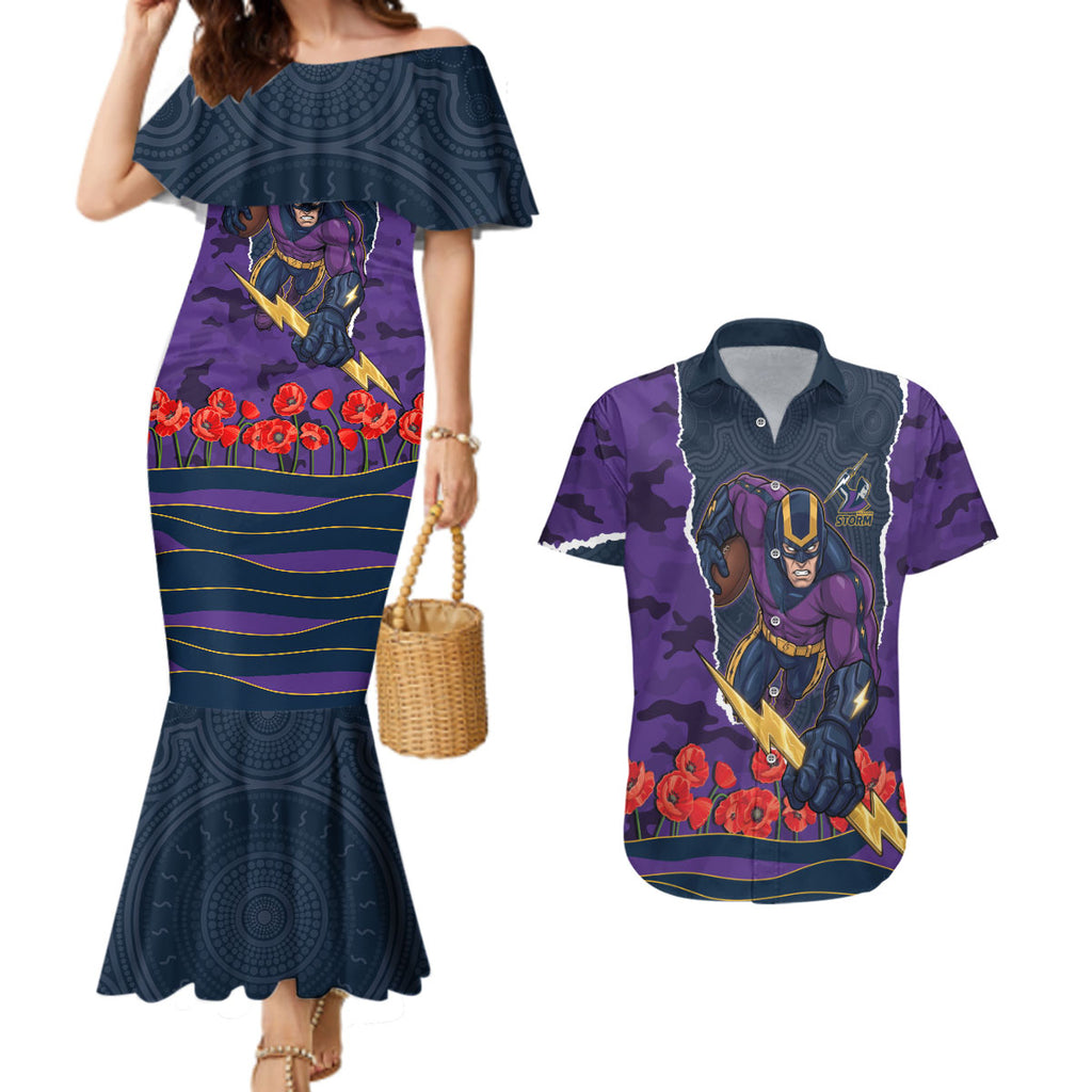 Personalized Melbourne Storm ANZAC Tribute Couples Matching Mermaid Dress and Hawaiian Shirt Poppy Field Soldier Silhouette Aboriginal Rugby Mascot