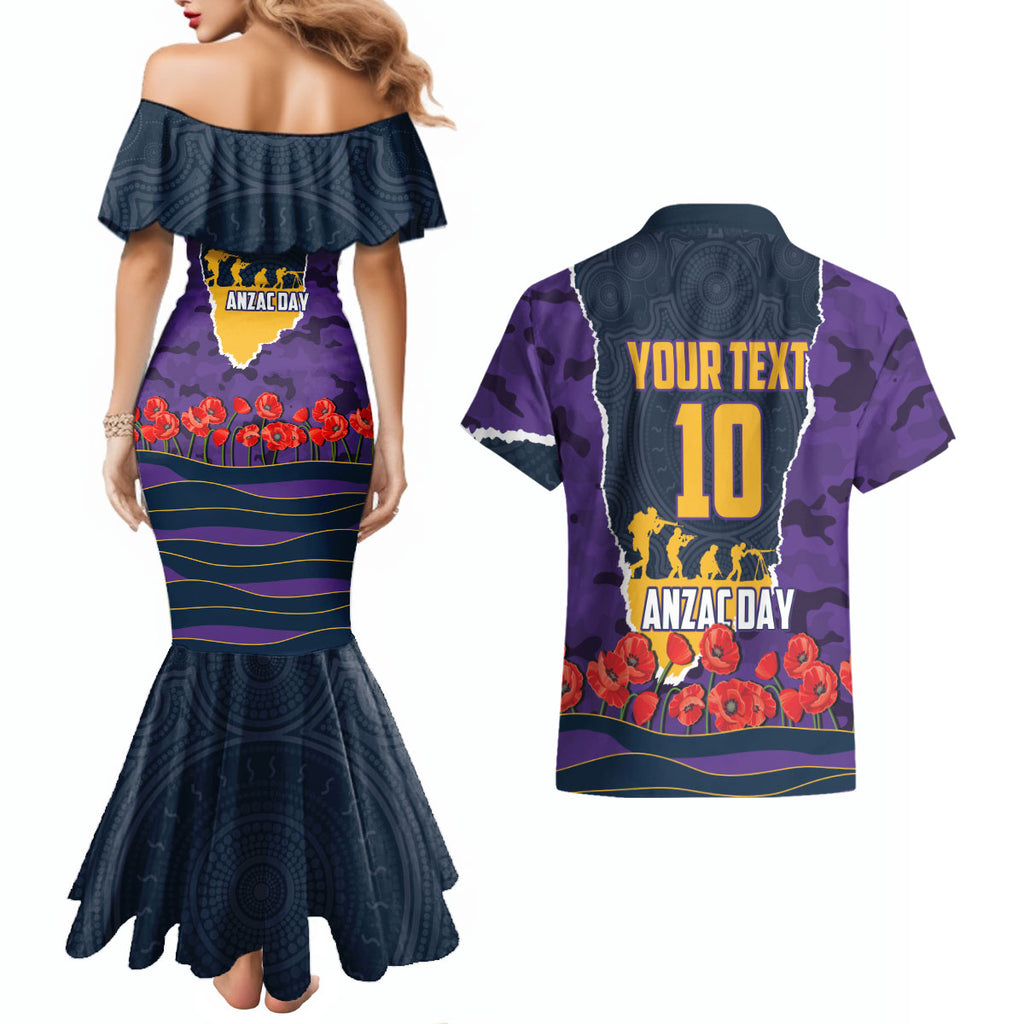Personalized Melbourne Storm ANZAC Tribute Couples Matching Mermaid Dress and Hawaiian Shirt Poppy Field Soldier Silhouette Aboriginal Rugby Mascot