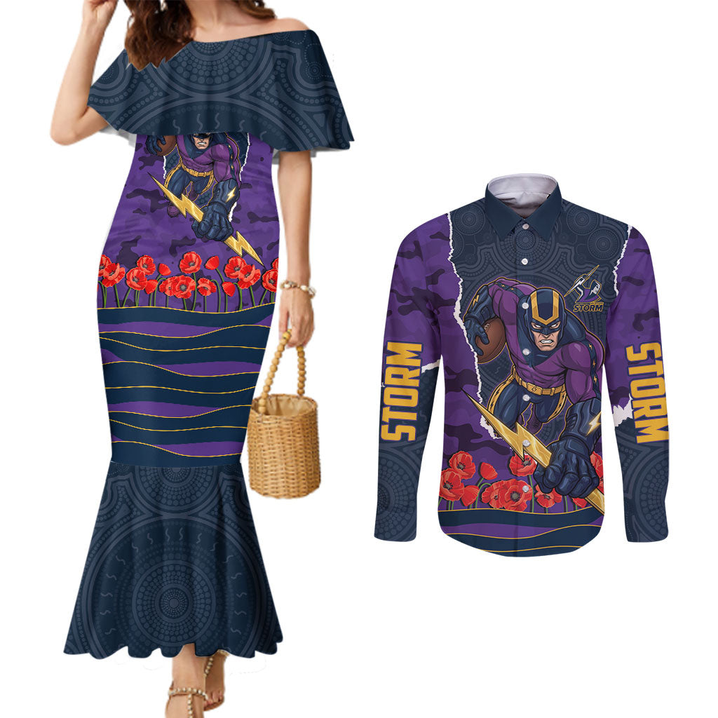 Personalized Melbourne Storm ANZAC Tribute Couples Matching Mermaid Dress and Long Sleeve Button Shirt Poppy Field Soldier Silhouette Aboriginal Rugby Mascot