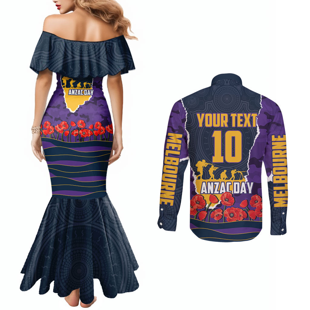 Personalized Melbourne Storm ANZAC Tribute Couples Matching Mermaid Dress and Long Sleeve Button Shirt Poppy Field Soldier Silhouette Aboriginal Rugby Mascot