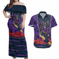 Personalized Melbourne Storm ANZAC Tribute Couples Matching Off Shoulder Maxi Dress and Hawaiian Shirt Poppy Field Soldier Silhouette Aboriginal Rugby Mascot