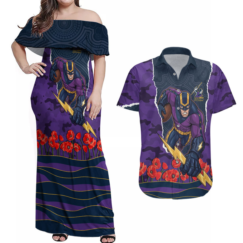 Personalized Melbourne Storm ANZAC Tribute Couples Matching Off Shoulder Maxi Dress and Hawaiian Shirt Poppy Field Soldier Silhouette Aboriginal Rugby Mascot