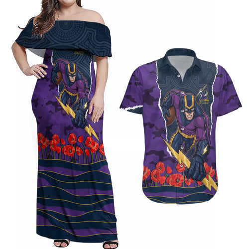 Personalized Melbourne Storm ANZAC Tribute Couples Matching Off Shoulder Maxi Dress and Hawaiian Shirt Poppy Field Soldier Silhouette Aboriginal Rugby Mascot