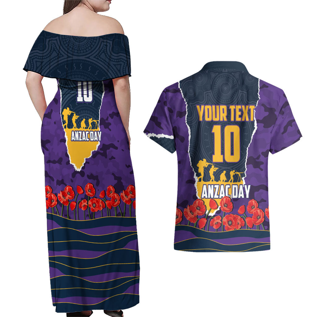 Personalized Melbourne Storm ANZAC Tribute Couples Matching Off Shoulder Maxi Dress and Hawaiian Shirt Poppy Field Soldier Silhouette Aboriginal Rugby Mascot