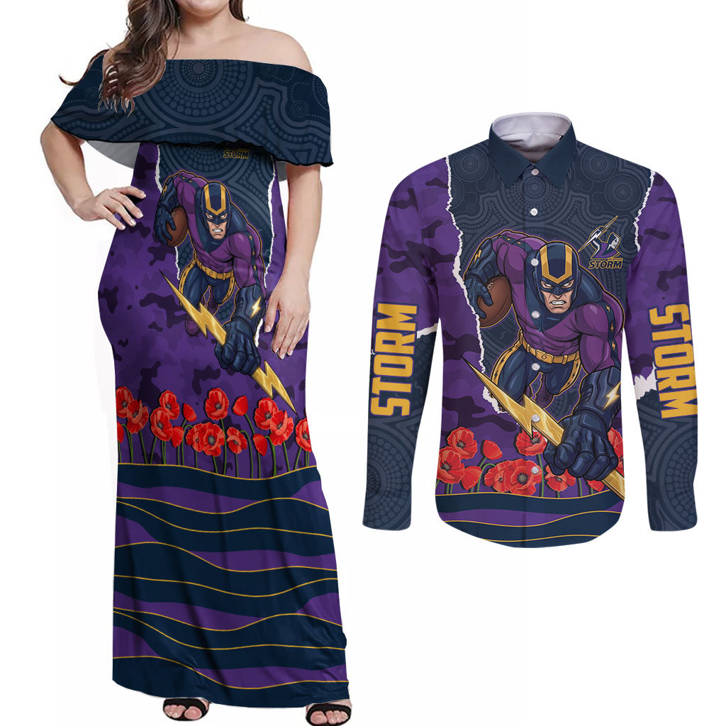 Personalized Melbourne Storm ANZAC Tribute Couples Matching Off Shoulder Maxi Dress and Long Sleeve Button Shirt Poppy Field Soldier Silhouette Aboriginal Rugby Mascot