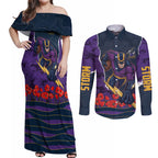 Personalized Melbourne Storm ANZAC Tribute Couples Matching Off Shoulder Maxi Dress and Long Sleeve Button Shirt Poppy Field Soldier Silhouette Aboriginal Rugby Mascot