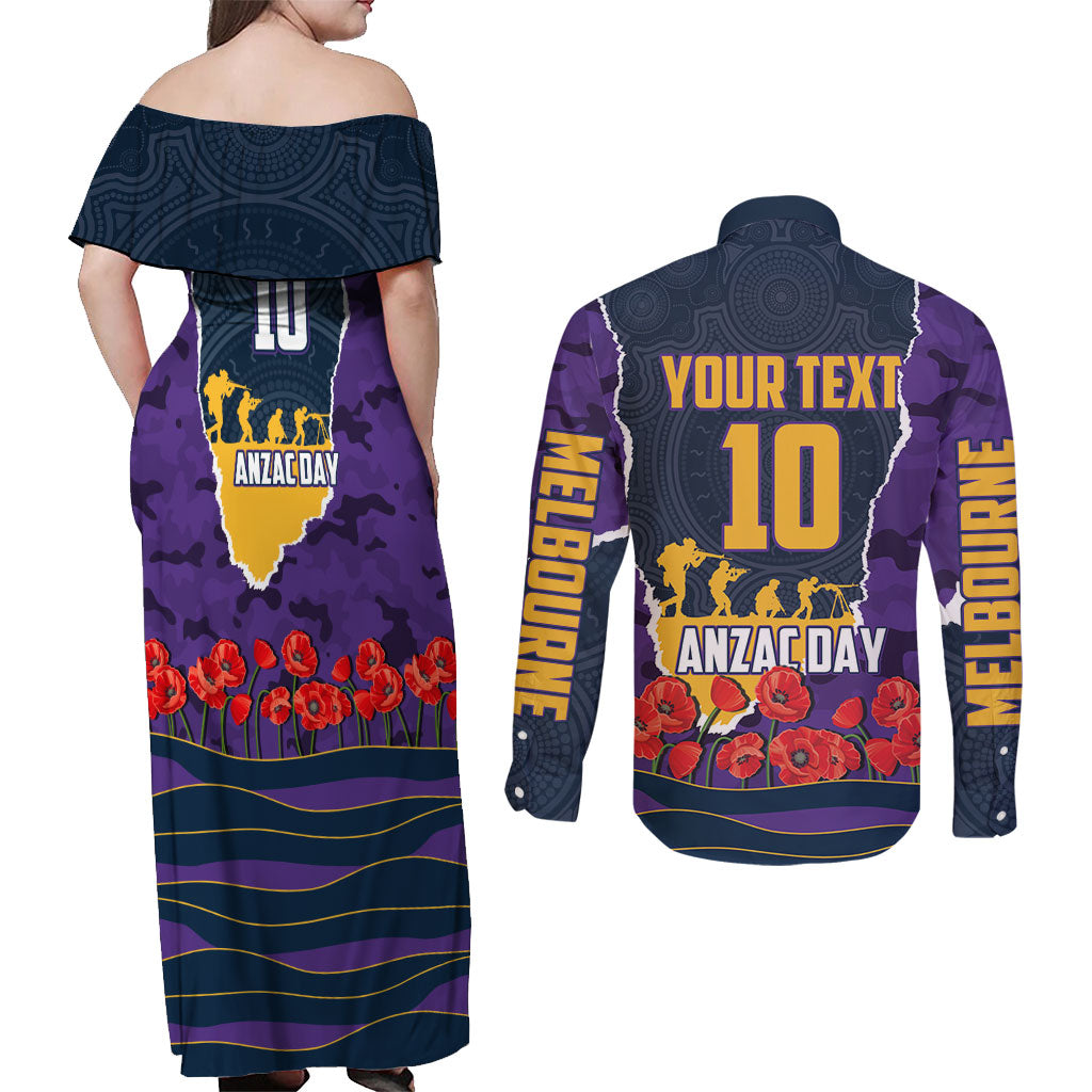 Personalized Melbourne Storm ANZAC Tribute Couples Matching Off Shoulder Maxi Dress and Long Sleeve Button Shirt Poppy Field Soldier Silhouette Aboriginal Rugby Mascot