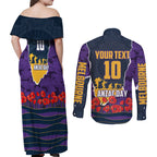 Personalized Melbourne Storm ANZAC Tribute Couples Matching Off Shoulder Maxi Dress and Long Sleeve Button Shirt Poppy Field Soldier Silhouette Aboriginal Rugby Mascot