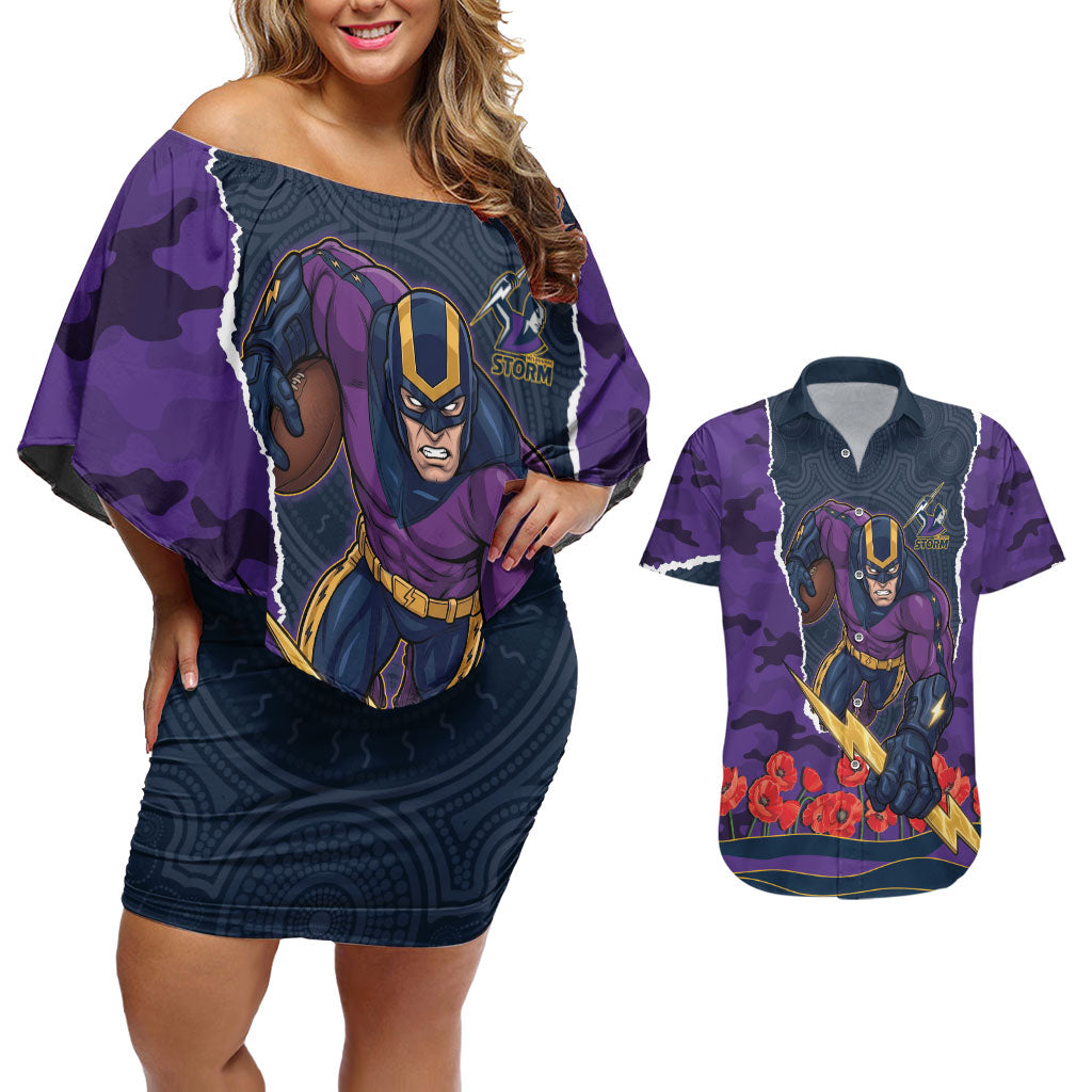 Personalized Melbourne Storm ANZAC Tribute Couples Matching Off Shoulder Short Dress and Hawaiian Shirt Poppy Field Soldier Silhouette Aboriginal Rugby Mascot