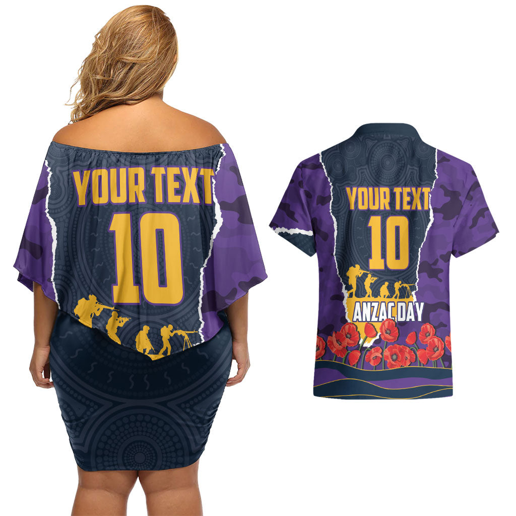 Personalized Melbourne Storm ANZAC Tribute Couples Matching Off Shoulder Short Dress and Hawaiian Shirt Poppy Field Soldier Silhouette Aboriginal Rugby Mascot