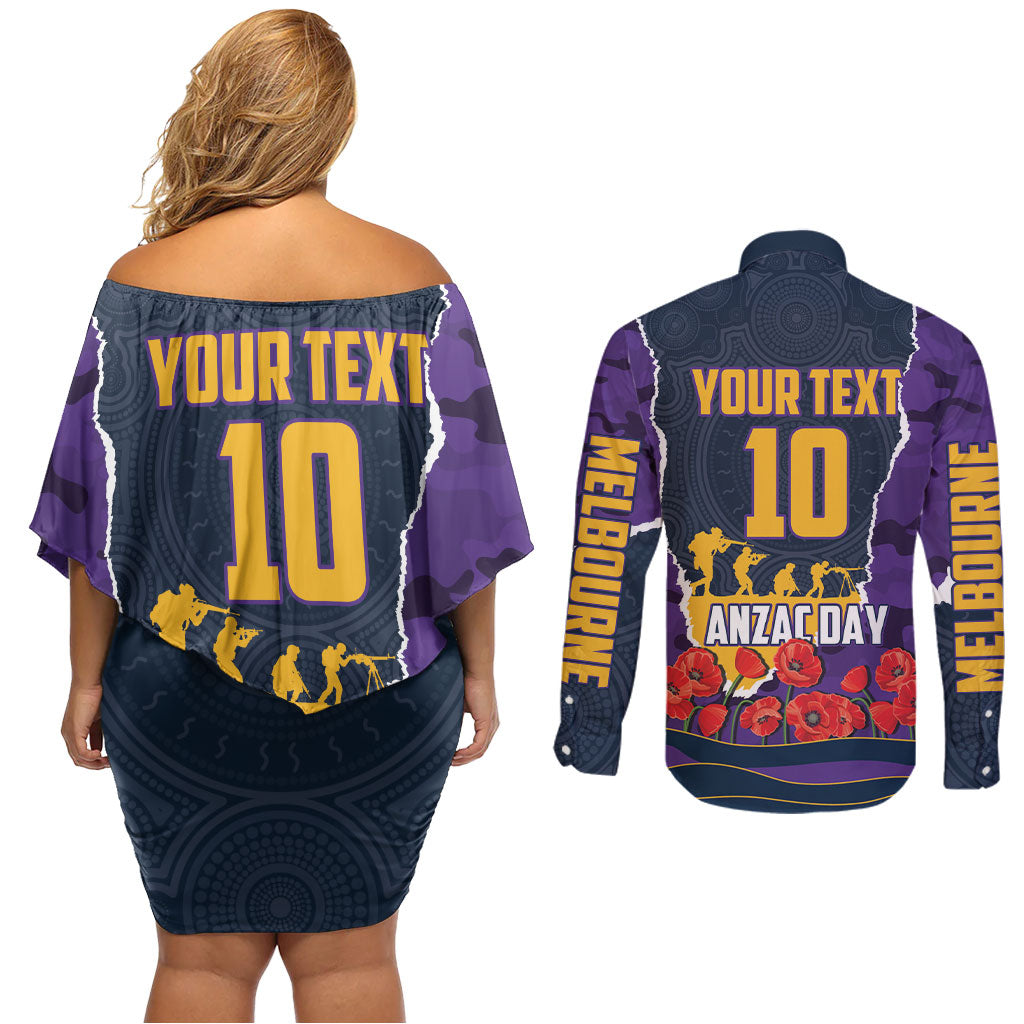 Personalized Melbourne Storm ANZAC Tribute Couples Matching Off Shoulder Short Dress and Long Sleeve Button Shirt Poppy Field Soldier Silhouette Aboriginal Rugby Mascot