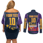 Personalized Melbourne Storm ANZAC Tribute Couples Matching Off Shoulder Short Dress and Long Sleeve Button Shirt Poppy Field Soldier Silhouette Aboriginal Rugby Mascot