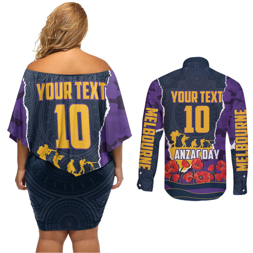 Personalized Melbourne Storm ANZAC Tribute Couples Matching Off Shoulder Short Dress and Long Sleeve Button Shirt Poppy Field Soldier Silhouette Aboriginal Rugby Mascot