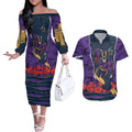 Personalized Melbourne Storm ANZAC Tribute Couples Matching Off The Shoulder Long Sleeve Dress and Hawaiian Shirt Poppy Field Soldier Silhouette Aboriginal Rugby Mascot