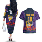 Personalized Melbourne Storm ANZAC Tribute Couples Matching Off The Shoulder Long Sleeve Dress and Hawaiian Shirt Poppy Field Soldier Silhouette Aboriginal Rugby Mascot