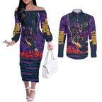Personalized Melbourne Storm ANZAC Tribute Couples Matching Off The Shoulder Long Sleeve Dress and Long Sleeve Button Shirt Poppy Field Soldier Silhouette Aboriginal Rugby Mascot