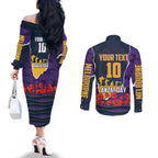 Personalized Melbourne Storm ANZAC Tribute Couples Matching Off The Shoulder Long Sleeve Dress and Long Sleeve Button Shirt Poppy Field Soldier Silhouette Aboriginal Rugby Mascot