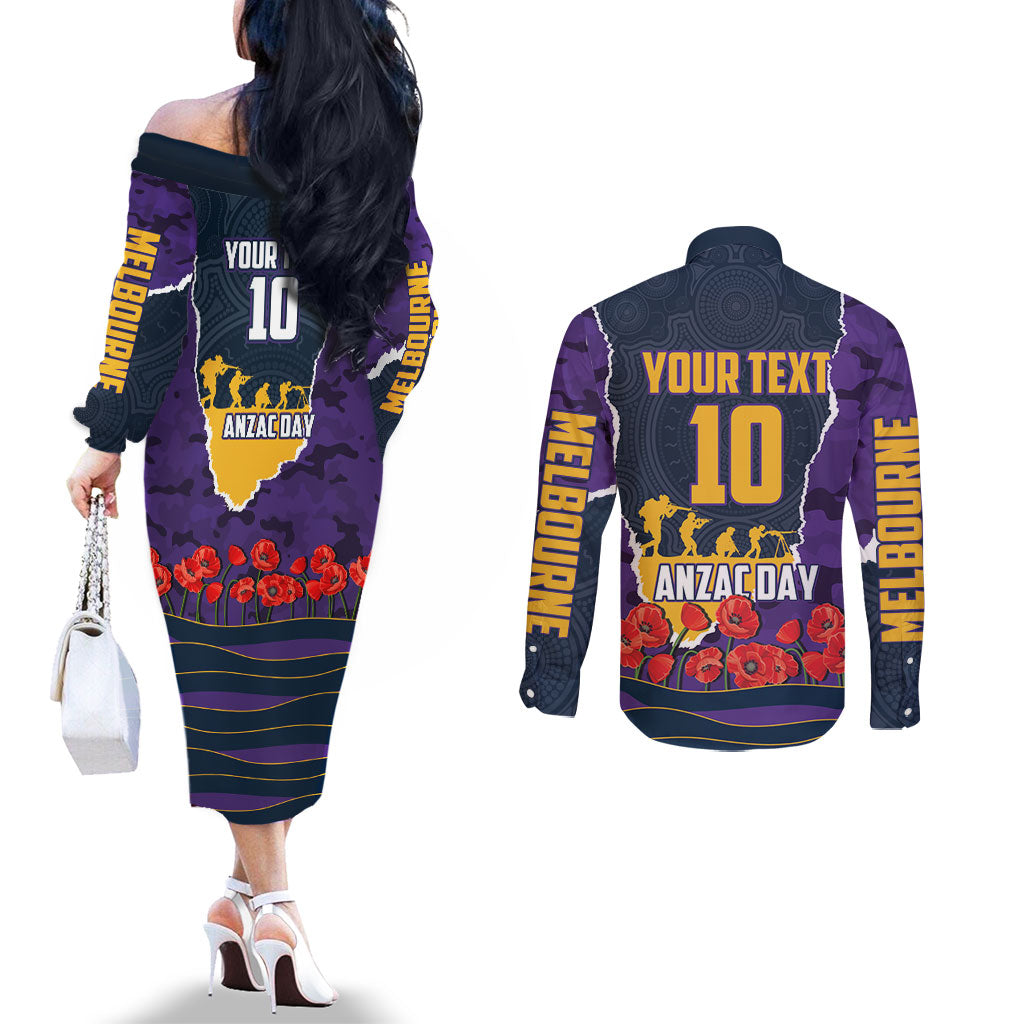 Personalized Melbourne Storm ANZAC Tribute Couples Matching Off The Shoulder Long Sleeve Dress and Long Sleeve Button Shirt Poppy Field Soldier Silhouette Aboriginal Rugby Mascot