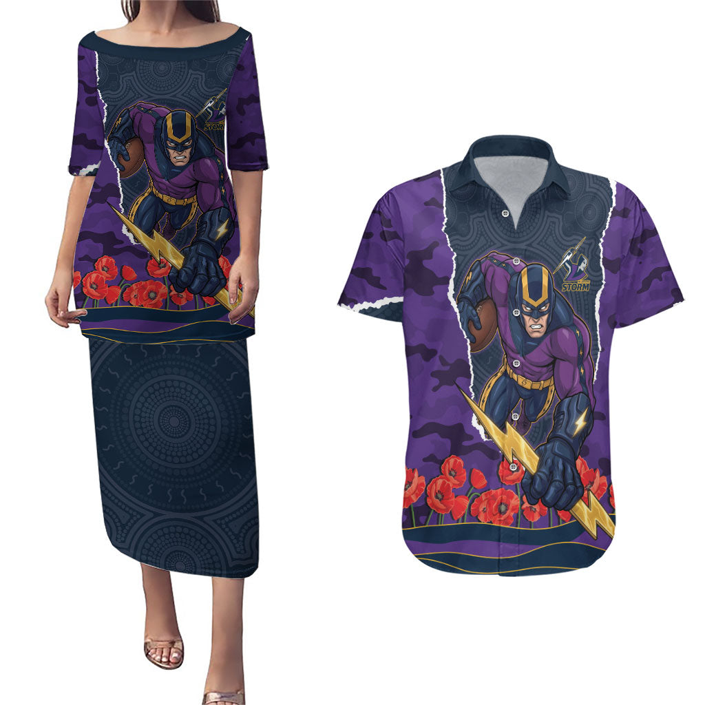 Personalized Melbourne Storm ANZAC Tribute Couples Matching Puletasi and Hawaiian Shirt Poppy Field Soldier Silhouette Aboriginal Rugby Mascot