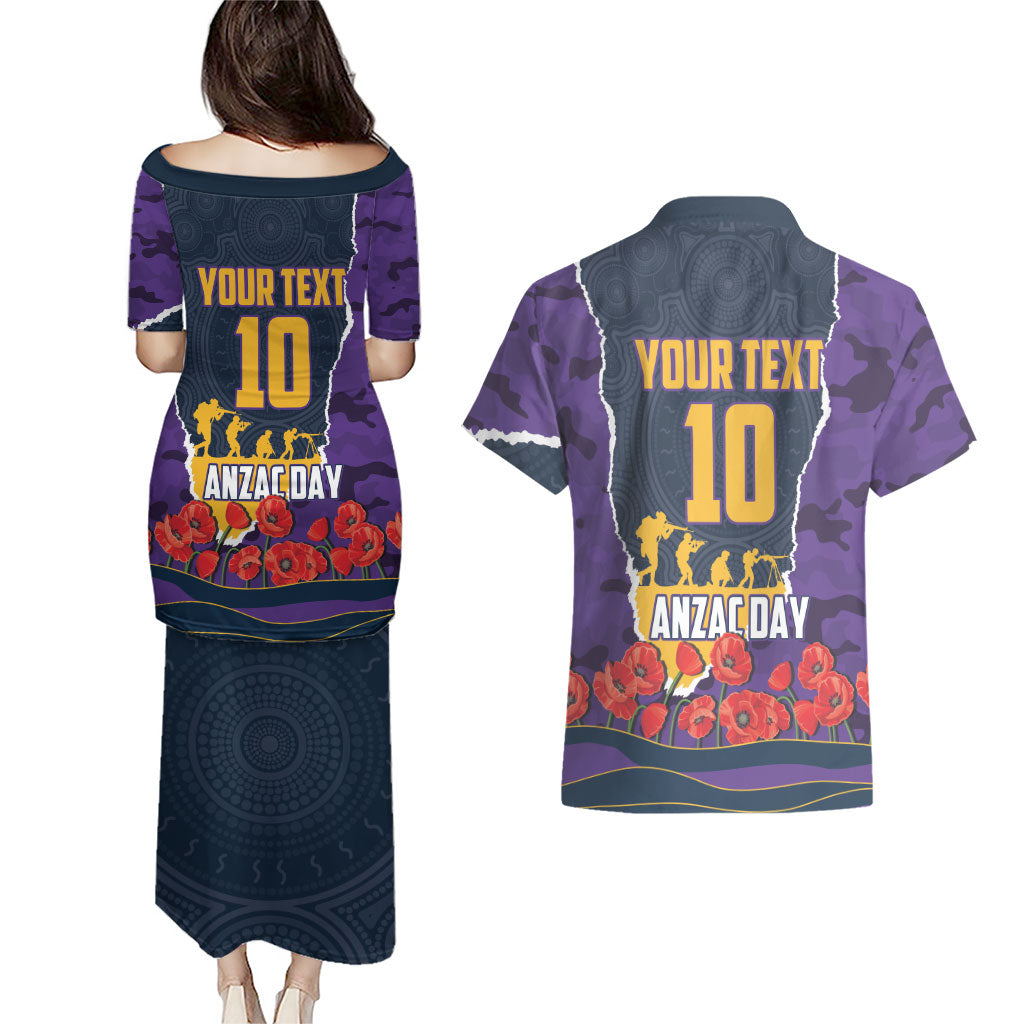 Personalized Melbourne Storm ANZAC Tribute Couples Matching Puletasi and Hawaiian Shirt Poppy Field Soldier Silhouette Aboriginal Rugby Mascot